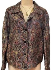Chicos Design womens jacket size L vintage metallic tapestry button artsy top