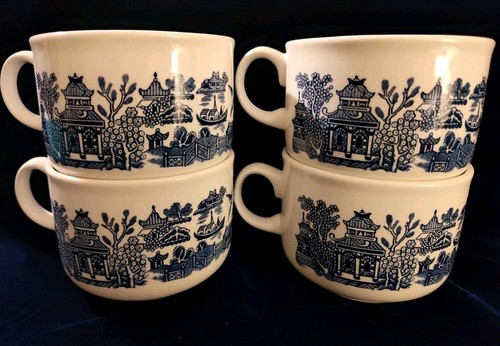 Vintage Churchill England Blue Willow Set of 4 Large Breakfast Cups/Soup Mugs - Picture 10 of 11