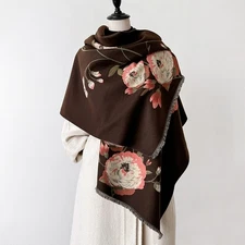 Elegant Reversible Floral Shawl Scarf Dark Brown Pink Oversized Fringe Wrap