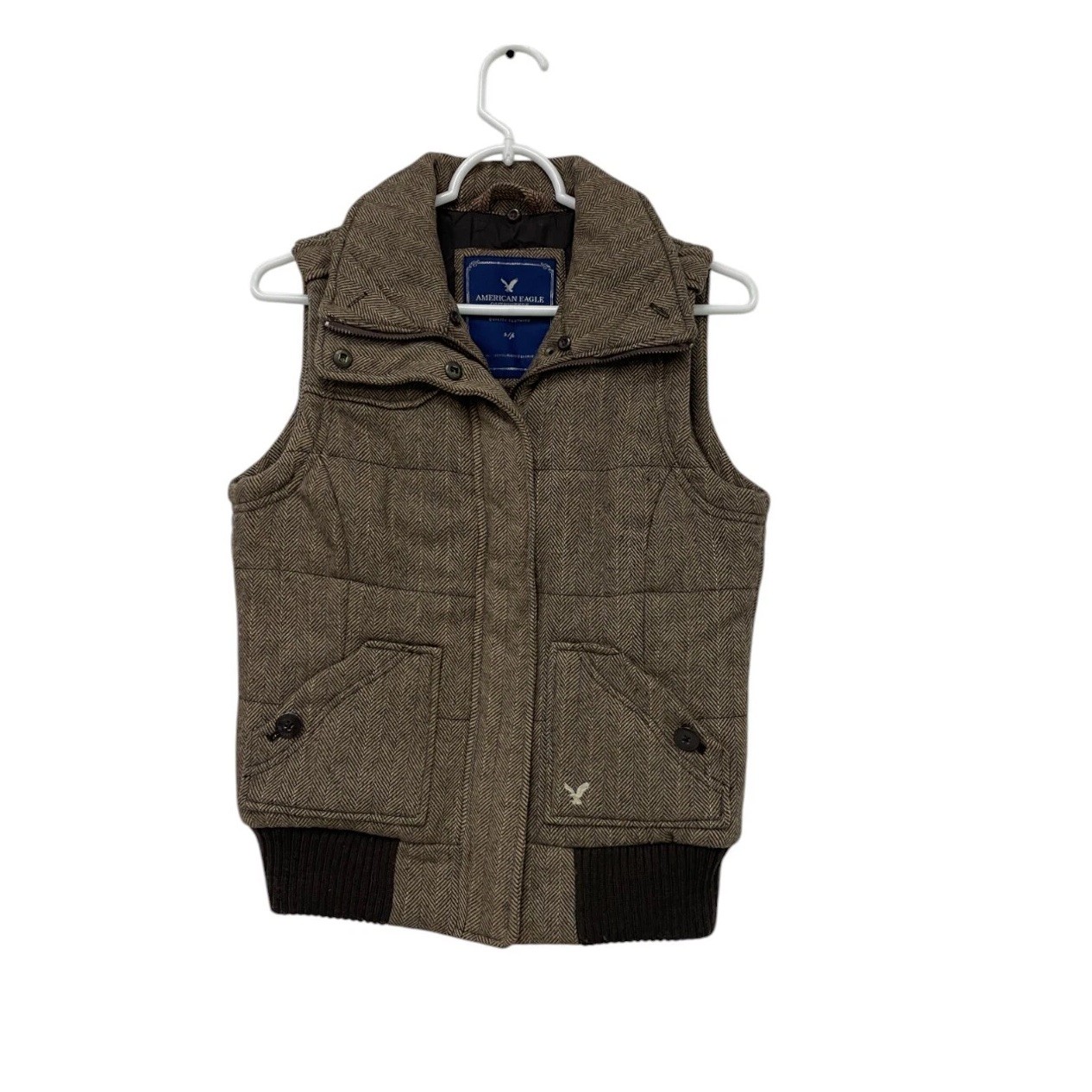American Eagle Puffer Vest Women Size S Brown Herringbone Wool Blend Full Zip