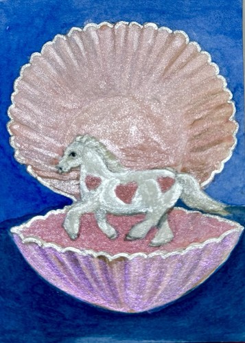 Original ACEO White Horse In Seashell Heart Watercolor Fantasy 2.5x3.5