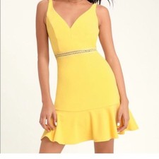 Lulus Butter Yellow Fit and Flare Dress Crochet Waist Large Party Vacation