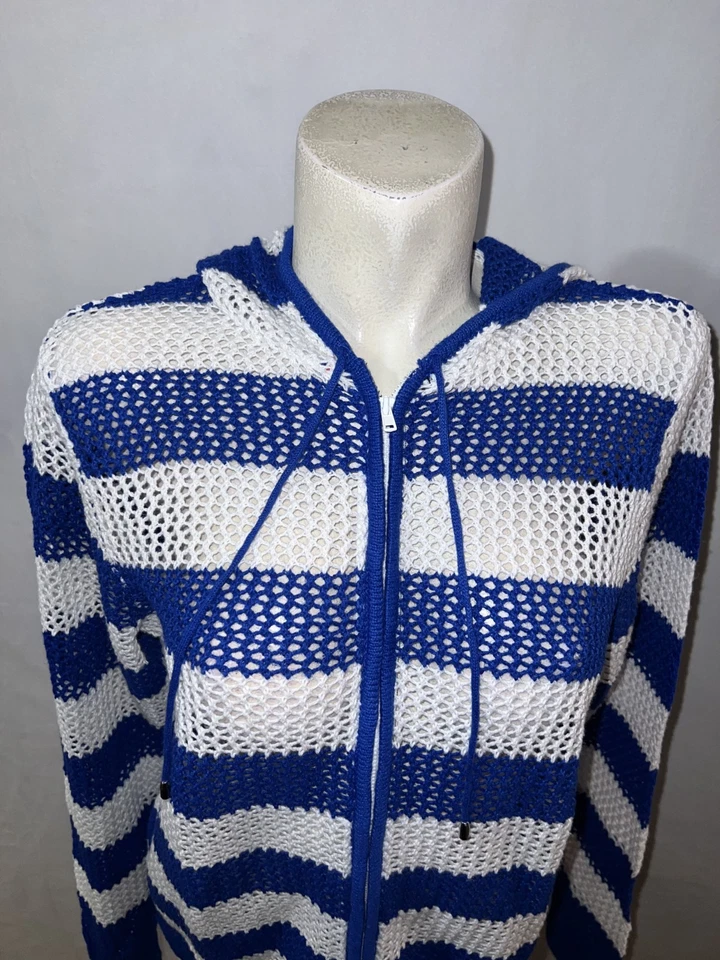 Quacker Factory Sweater Size L Large Blue White Striped Zip Cardigan Hoodie - Image 2 of 4