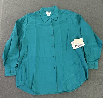 Ann Gerlin Womens Linen Blouse 16 Lagenlook Emerald Button Up Shirt Top NEW LS
