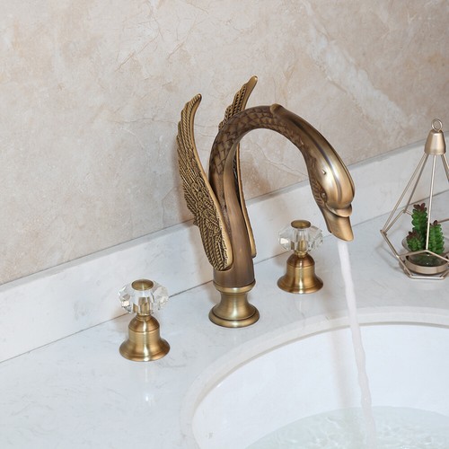 3 Hole Bathroom Sink Faucet Swan Design Antique Brass Basin Mixer Tap Deck Mount - Picture 19 of 23