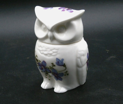 Vintage Bone China Owl Trinket Box w/ Purple Flowers Violets ''THE BEACHCOMBERS''