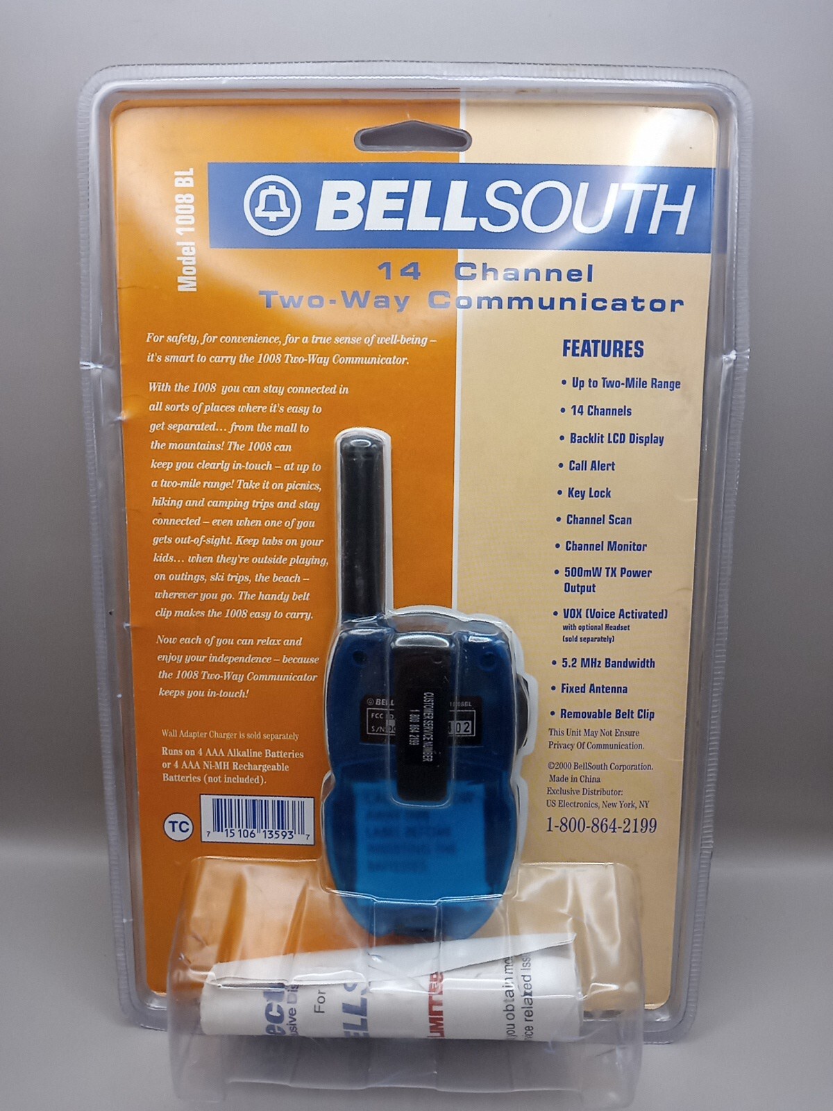 NEW BellSouth 1008 BL Handheld Walkie Talkie 2Way Radio Blue FREE