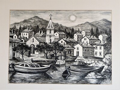 Tuschezeichnung ''Auf der Insel Zlavina, Kroatien2, Oskar-Erich Stephan, 1977
