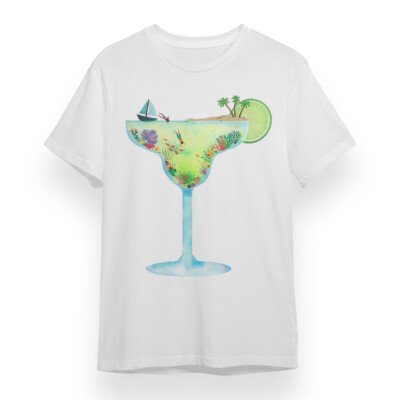 Women's T-shirt with Beach Margarita Graphic Unisex White 100% Cotton Tee Summer