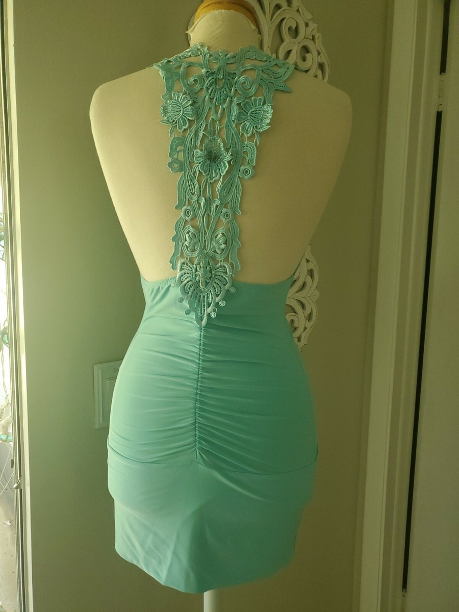 Christina USA fashion Aqua Applique Ruched Stretchy Cocktail Dress Small  nova | eBay