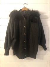 Vtg La Mittini Women's Cardigan Sweater Brown , Angora W/ Fur