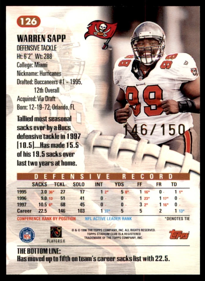 1998 Stadium Club One of a Kind Warren Sapp 146/150 Buccaneers #126 *Noles2148* - Image 2 of 2