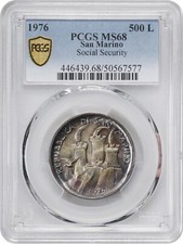 SAN MARINO 1976-R  500 LIRE SILVER COIN, GEM UNCIRCULATED, PCGS CERTIFIED MS-68