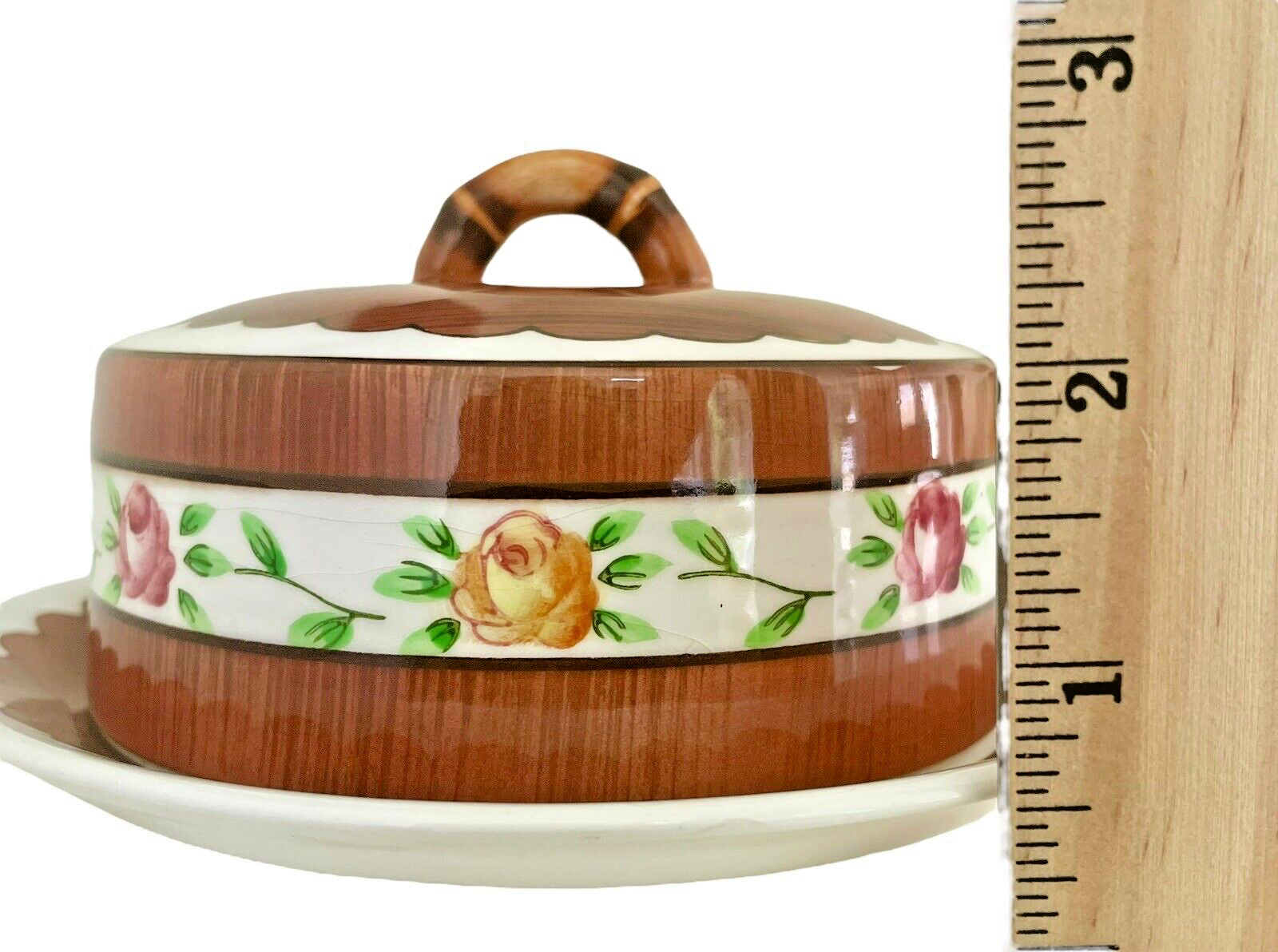 Orchard Ware Lidded Cheese Keeper Woodgrain Design Roses PY Japan