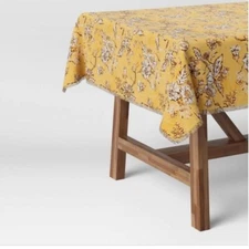 NWT Threshold Farmhouse County Table Throw Cotton Fringe Yellow Floral 50" x 50"