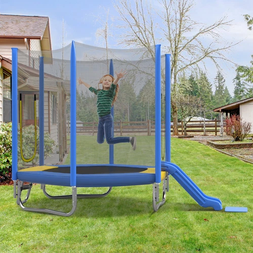 7FT Kids Trampoline w Safety Enclosure Net, Indoor Outdoor Trampoline with Slide - Picture 3 of 14