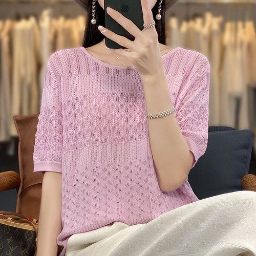 Rundhals Hohl Häkel Eis Seide Strick Kurzarm T-Shirt Damen Pullover - Bild 2 von 29
