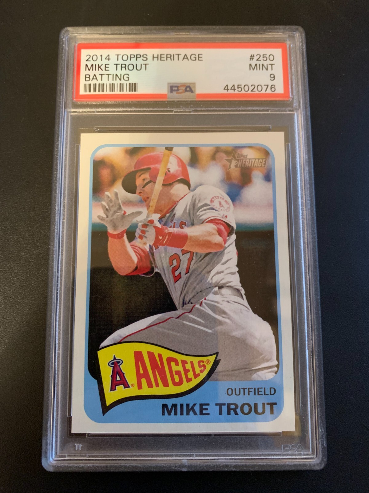 2014 TOPPS HERITAGE #250 MIKE TROUT SP ACTION VARIATION BATTING PSA 9 MINT