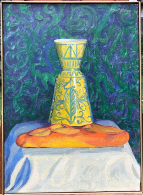Italian Bread & Vase Still Life Oil Painting-1950s/60s-August Mosca