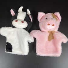 Black White Cow Pink Pig Hand Puppets 9  Plush Farm Animals Lot Of 2