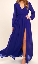 Lulus Wondrous Water Lilies Royal Blue Chiffon Maxi Dress Size M