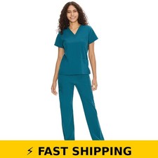 COZYFIT Scrubs Set for Women - V-Neck Top  Pants, Caribbean Blue, M
