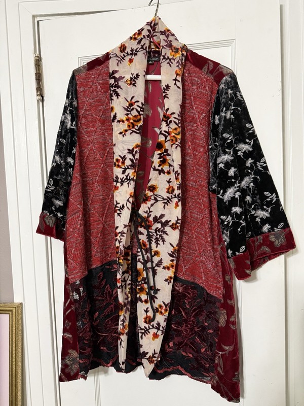 John Mark Velvet Embroidered Burnout Open Kimono Womens L Floral Knit Patchwork