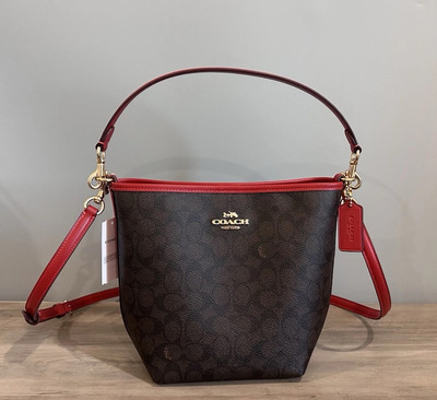 Coach CT800 City Bucket Bag In Signature Canvas & Leather Walnut/Bold Red