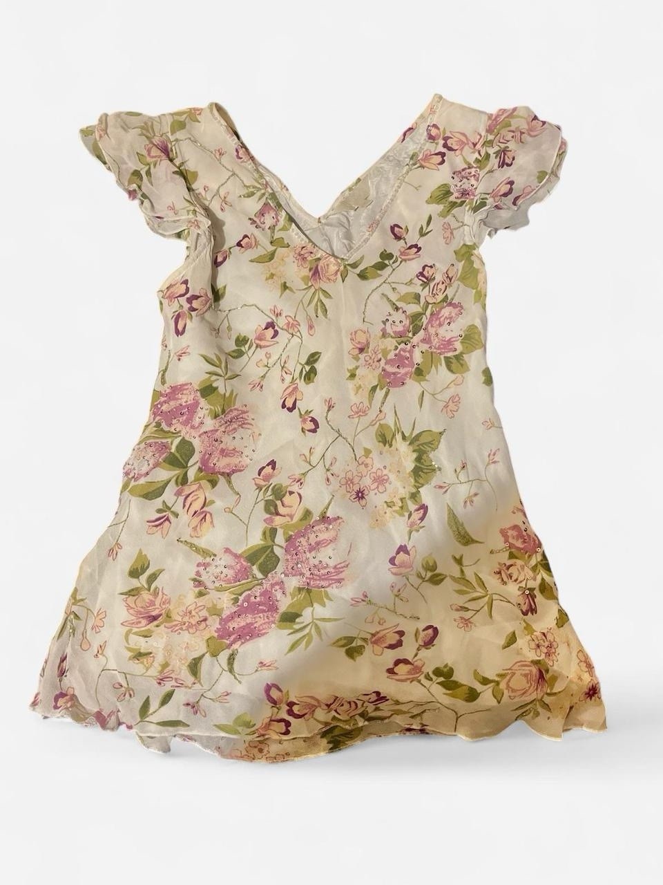 Pomodoro Floral Chiffon Top Size 14 Pink Green Beaded Floaty Sheer Blouse