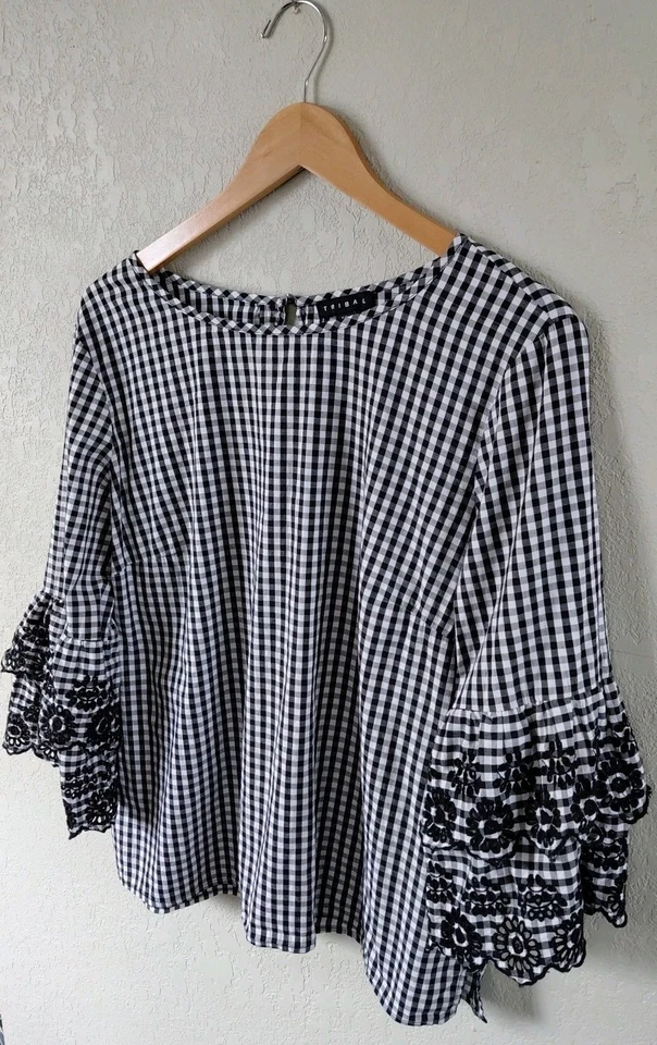 Tribal Womens Size Large Gingham Blouse with Eyelet Detail Layered Bell Sleeves - Image 2 of 4