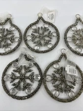 5 Beaded Wire Snowflakes Silver Christmas Ornaments Cracker Barrel NWT