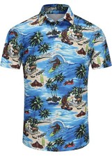Men  s L Blue Funny Hawaiian All-Over Print Short Sleeve Collared Golf Polo Shirt