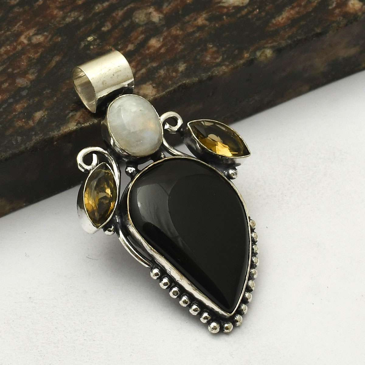 Black Onyx Rainbow Moonstone Handmade Pendant Jewelry Gift 2.6 Inches AP-73438