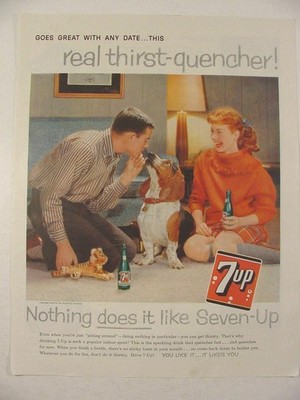 1959 7Up soda BASSET HOUND Great with Any Date Print Ad RED HEAD Teen