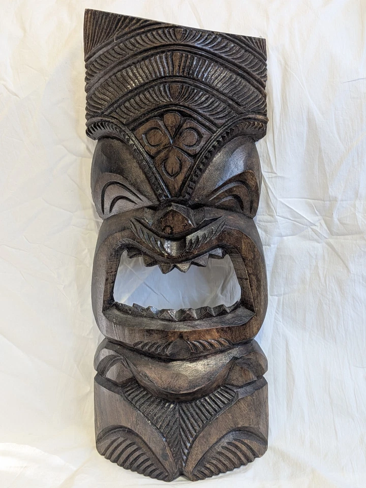 Vintage 18" Hawaiian Islands Hand Carved Wooden Tiki Mask Wal Hanging Decor - Image 1 of 4