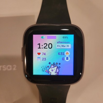 Fitbit Versa 2 Smartwatch, Black With Charging Base Extra Wrist Bands Fitness 
