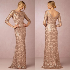 Rose Gold Mermaid Evening Dresses with Half Sleeves Sequin Long Prom Dress