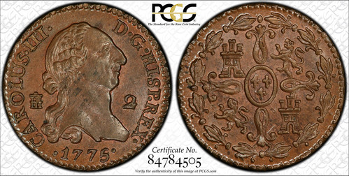 1775/4 Spain Copper 2 MARAVEDIS PCGS MS-65 BN Calico-37 Segovia - Picture 3 of 3