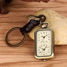 Bronze Square Pocket Watch Double Time Movement Quartz Keychain Pendant