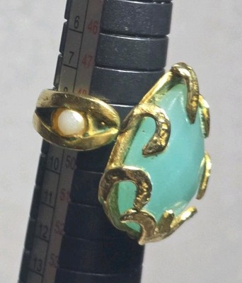 Ottoman Hands Aqua Blue Chalcedony Stone 21ct Gold Plated Brass ring+pearl inlay
