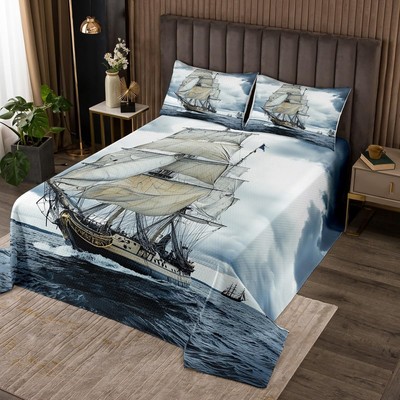 Nautical Coverlet Set Twin Size Retro Sailboat Bedspread for Boys Teens Kids ...
