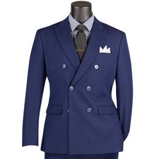 VINCI Men's Navy Stretch Slim Fit Double-Breasted Suit w/ Flex Waistband - NEW