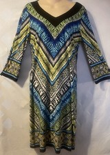 New CHICO'S Chevron Print Blue & Green Stretchy Knit Shift Midi Dress 0 S