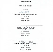 WWII MOH Aviator Autographs J H DOOLITTLE - LEON JOHNSON - FORREST VOSLER w/ COA