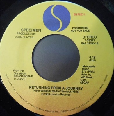 SPECIMEN - Returning From A Journey  (1983 U.S. Promo 7'' 45 Vinyl)  Rare Goth
