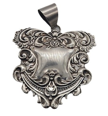 Vintage Thailand 925 Sterling Silver Ornate Shield Fob Pendant Large Repousse