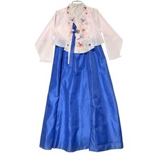 Traditional Korean Hanbok Set Pink Embroidered Jeogori Royal Blue Chima Dress