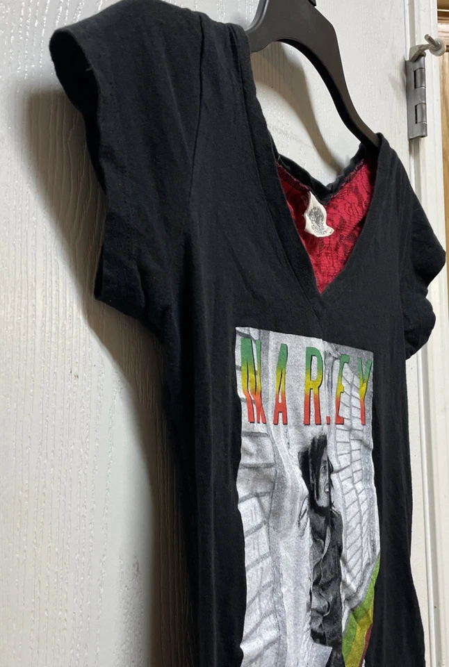 Bob Marley Burnin Women’s Distressed Fitted V Neck Band Tee Black Red Lace Boho - Image 3 of 4