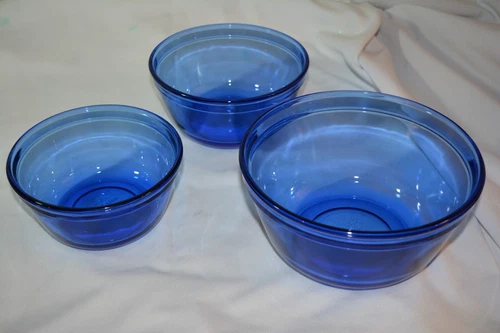Vtg Anchor Hocking Cobalt Blue Nesting Mixing Prep Bowls Glass Ovenware Set Of 3