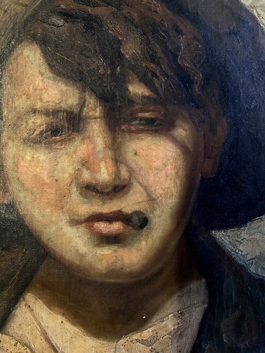 ANTICO QUADRO OLIO R. Frigerio RITRATTO GENERE SCUGNIZZO RAGAZZO con SIGARETTA - Foto 6 di 14